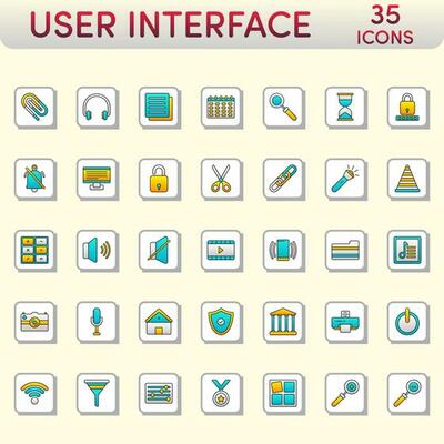 User Interface Blue and Yellow Icon Set On Square Background.