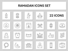 22 Ramadan Black Stroke Icon Set On White And Grey Background. vector