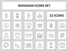 22 Ramadan Black Stroke Icon Set On White And Grey Background. vector