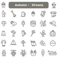 Black Line Art Cute Autumn Season Cartoon Character Icon Set. vector