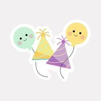 Cute Smiley Balloons And Party Hat Colorful Stickers. vector