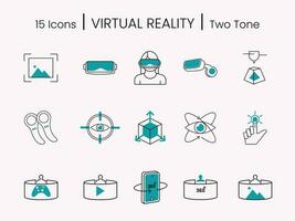 Teal And White Illustration Of Virtual Reality 15 Icon Set On Pale Pink Background. vector
