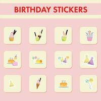 Cute Sqaure Sticker Collections Of Cake, Ice Cream Balloon And Party Hat For Birthday Party. vector