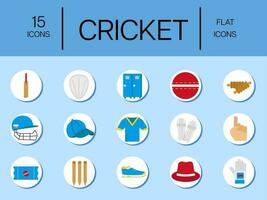 15 Icons Pack Of Cricket Essential Object Over Circle On Blue Background. vector