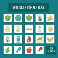 Flat Style World Food Day Square Icon Set On Teal Background.. vector