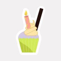 Isolated Burning Candle Cup Cake In Sticker Style. vector