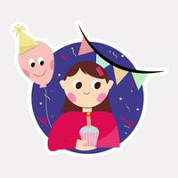 Sticker Of Cute Young Girl Cartoon Holding Burning Candle Cup Cake On Balloons And Bunting Flags Decoration Background. vector