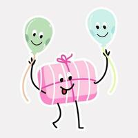 Cheerful Cartoon Gift Box Holding Balloon Sticker. vector