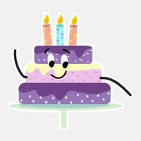 Cute Cartoon Character Layered Cake With Burning Candle Colorful Sticker. vector