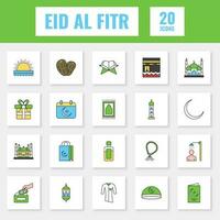 Colorful 20 Eid Al Fitr Sqaure Icon Set In Flat Style. vector