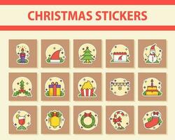 Illustration Of Beautiful Christmas Sticker Set In Flat Style On Beige Color Background. vector