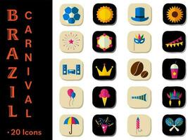 Colorful Brazil Carnival Icon Set Over Square Or Block Background. vector