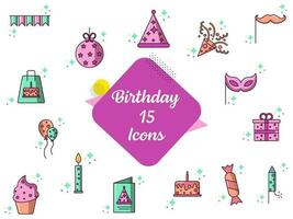Flat Style Birthday Party Icon Set On Abstract Background. vector