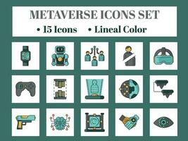 plano estilo metaverso 15 icono conjunto en blanco y verde azulado cuadrado antecedentes. vector