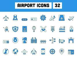 Blue Color Set Of Airport Icon In Flat Style. vector