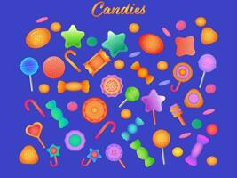 Glossy Colorful Set of Candies Icon On Blue Background. vector