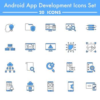 azul y blanco color conjunto de androide aplicación desarrollo icono. vector