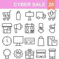 Flat Style 20 Cyber Sale Icon In Black Line Art. vector