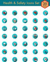 Colorful Health and Safety Icon Set on Blue Circle Background. vector