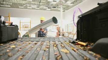 HVAC Construction Worker Loading Pieces of Air Duct Pipeline video