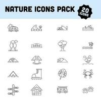 20 Nature Icon Pack In Black Thin Line Art. vector