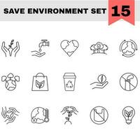 Save Environment Icon Set In Black Line Art. vector