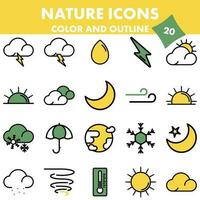 20 Atmosphere Nature Icons In Color and Black Outline. vector