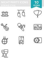 Stroke Style Night Party Icon Set In Flat Style. vector