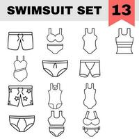 Swimsuit Icon Set In Black Line Art. vector