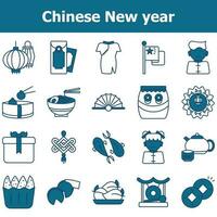 Vector Illustration Of Chinese New Year Icons Set In Blue And White Color.