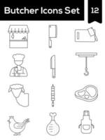 Black Line Art Butcher Icon Set On White Background. vector