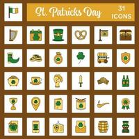 Flat Style Saint Patrick's Day Icon Set On Sqaure White And Brown Background. vector