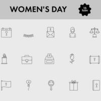 Black Line Art 15 Women's Day Icon Set On Grey Background. vector