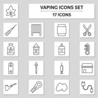 17 Vaping Black Stroke Icon Set On Grey And White Square Background. vector