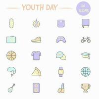 Colorful Youth Day Icon Set In Flat Style. vector