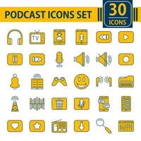 plano estilo podcast icono conjunto en amarillo y blanco color. vector