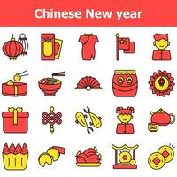 Chinese New Year Icon Set In Red And Yellow Color. vector