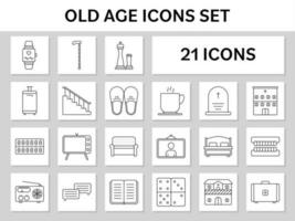 Black Outline Human Old Age Lifestyle Icon Set On White And Grey Square Background. vector