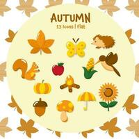 Flat Style Autumn Icon Set Over Star Leaves Background. vector