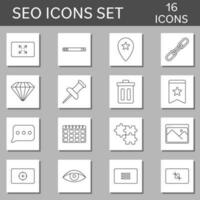 16 Black Linear Style Seo Square Icon Set. vector