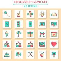 Flat Style 25 Friendship Icon Set On White And Yellow Square Background. vector