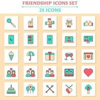 Flat Style 25 Friendship Icon Set On White And Yellow Square Background. vector