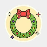 Sticker Style Colorful Christmas Wreath Icon In Flat Style. vector