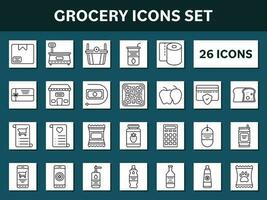 Black Line Art Grocery Icons On White and Teal Square Background. vector