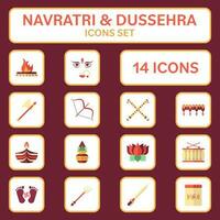 Flat Style Navaratri Worship Day Of Goddess Maa Icon Set On Maroon Color. vector