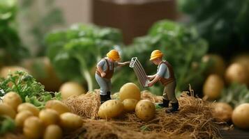 un miniatura trabajadores trabajando en patata foto