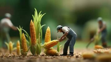 un miniatura trabajadores trabajando en maíz foto