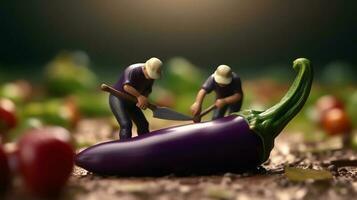 un miniatura trabajadores trabajando en berenjena foto