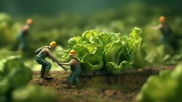 un miniatura trabajadores trabajando en lechuga foto