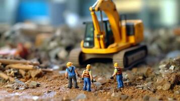 un miniatura trabajadores trabajando en construcción foto